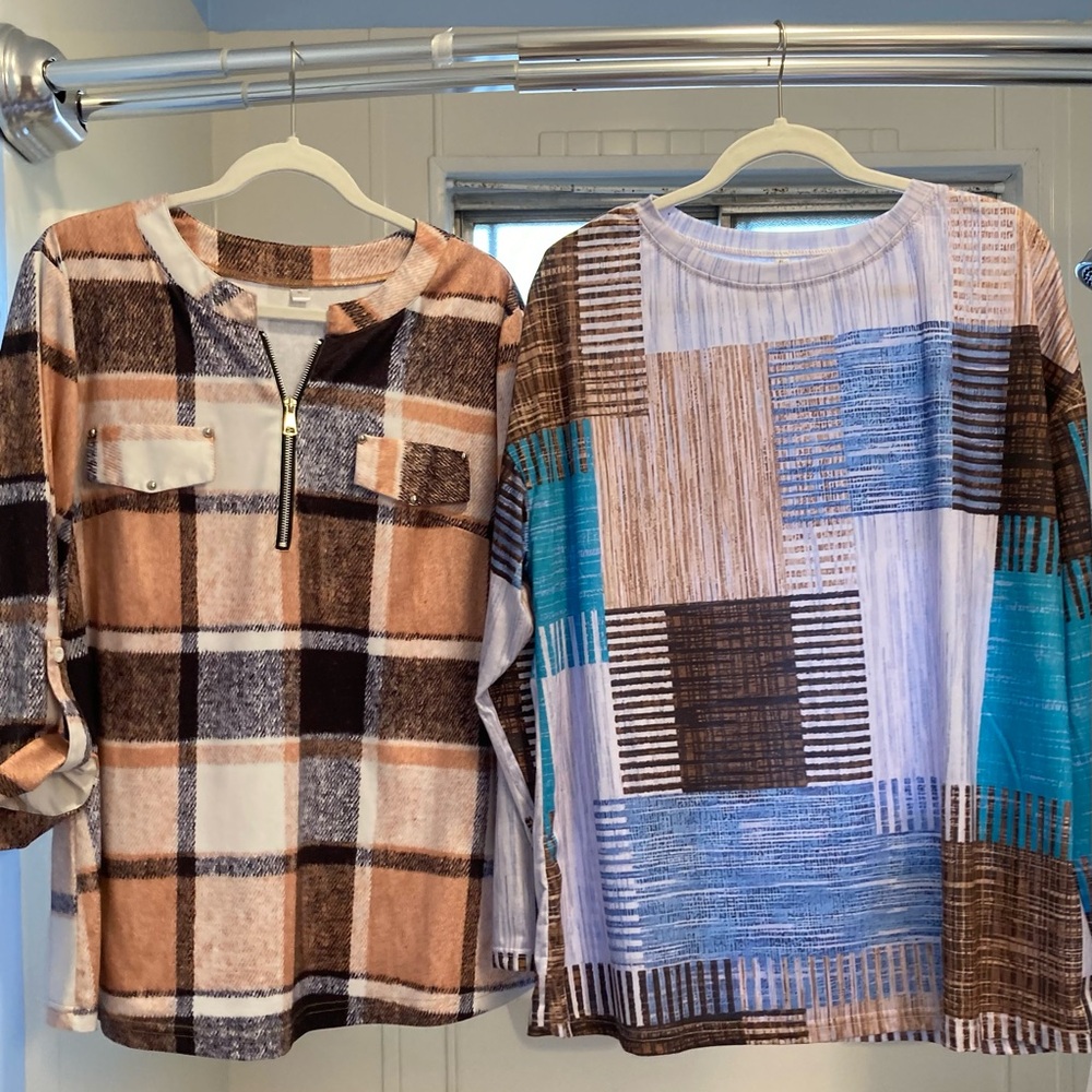 Plaid and Patchwork Long Sleeve Tops